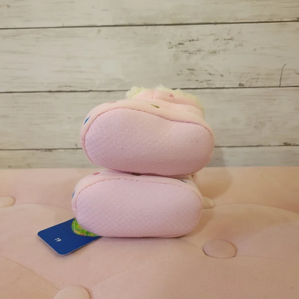 Pink Sherpa Lined Baby Booties with Blue Gold Pink Heart Accents Size 0-6 Months